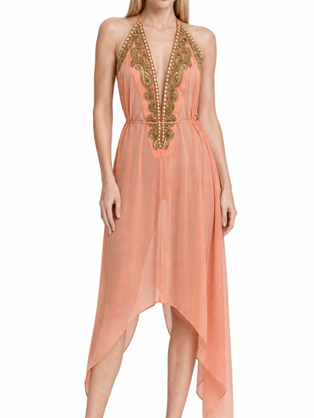 Designer Coral Bridesmaid Dress Halter High Low Dress Gold Embroidered V Necklin